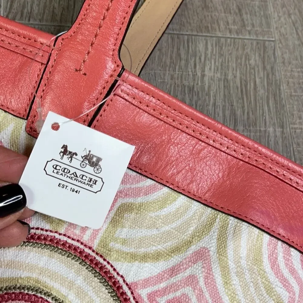 NWT COACH Pink Khaki Multi 17044 Audrey Op Art Leigh Slim Tote
